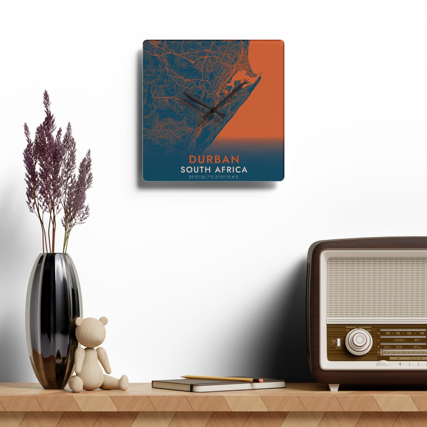 Durban South Africa City Map Square Wall Clock